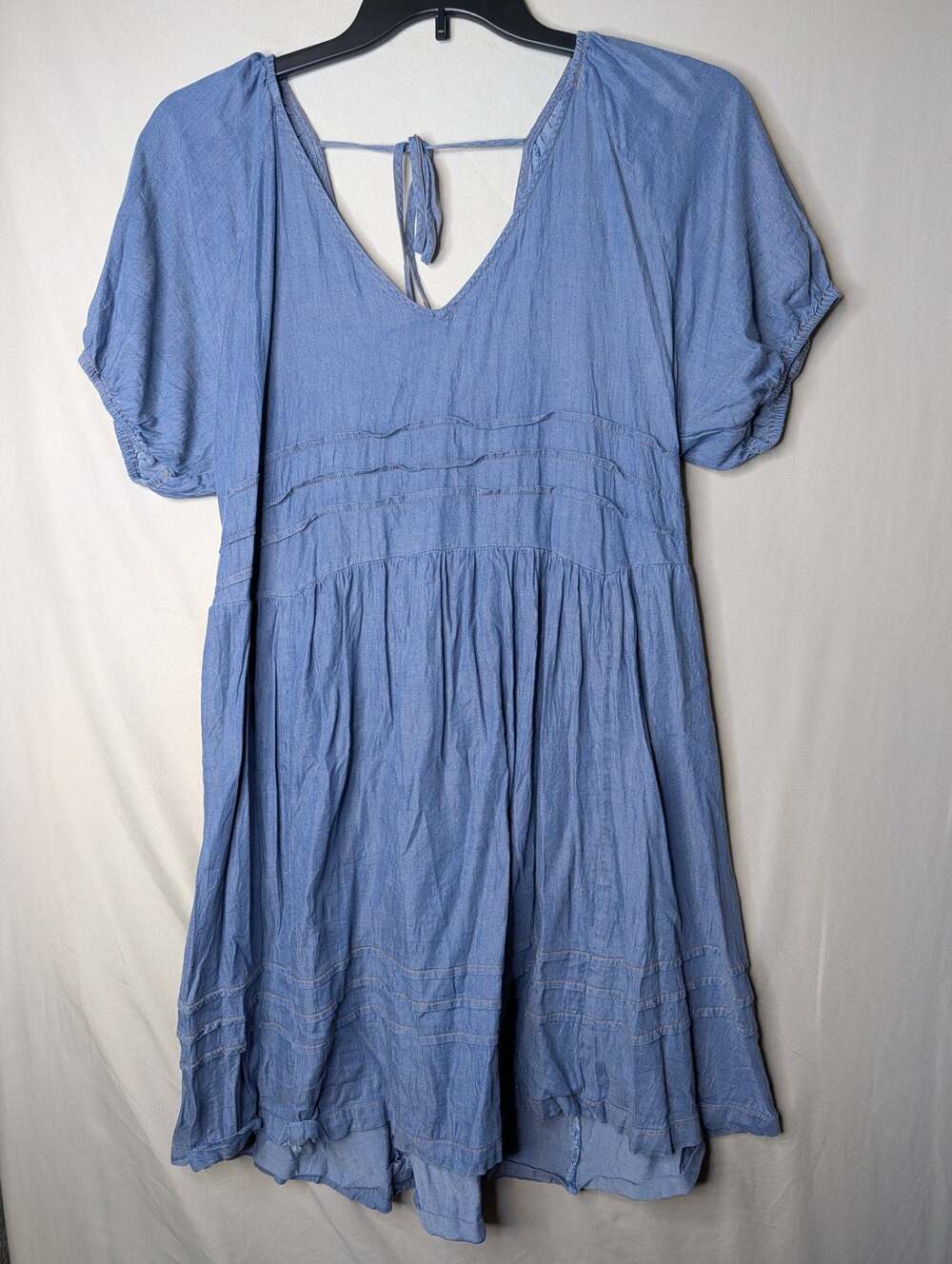 ee:some Women's Blue‎ Chambray Puff Sleeve Tie-Back Mini Dress